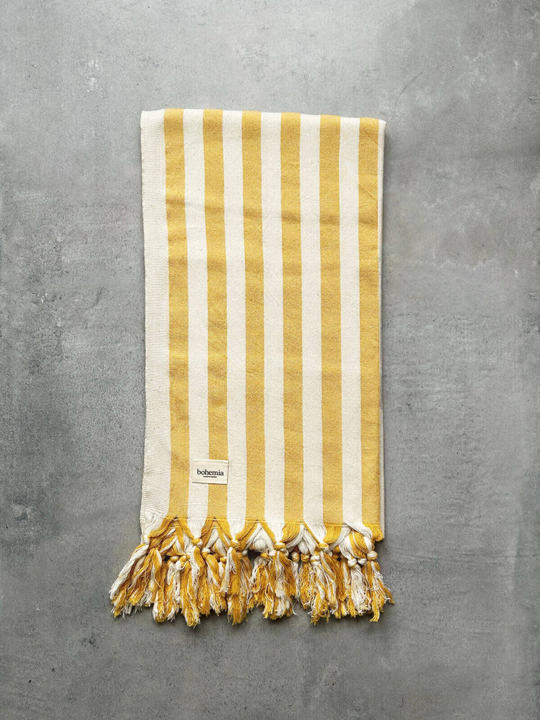Premium Turkish cotton hammam towel in mustard yellow wide stripe design