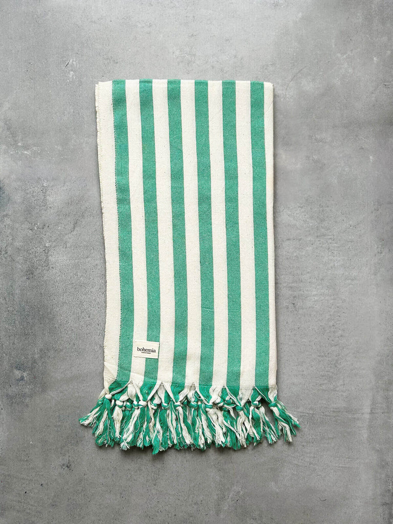 Brighton cotton hammam towel with wide green and white stripe pattern