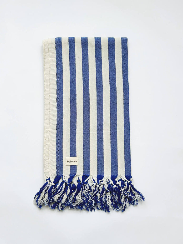 Blue and white wide stripe beach hammam towel for summer