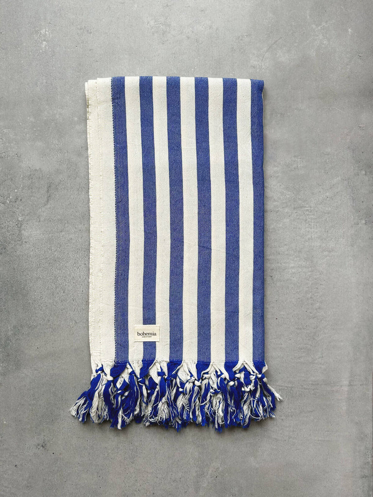 Bohemia hammam towel with classic blue and white wide stripe design