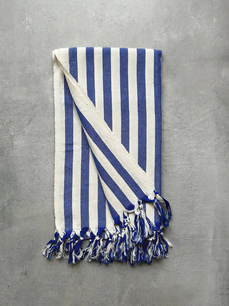 Brighton wide stripe cotton hammam towel in classic blue and white