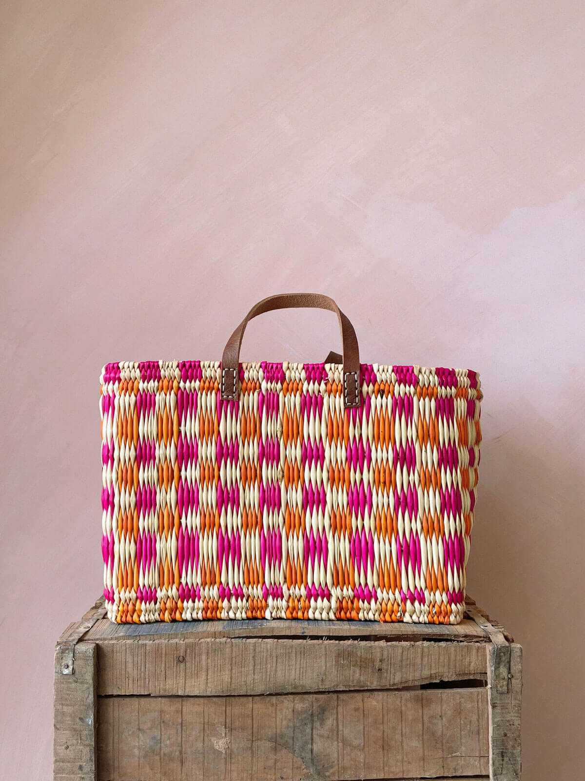 Chequered Reed Basket, Pink + Orange