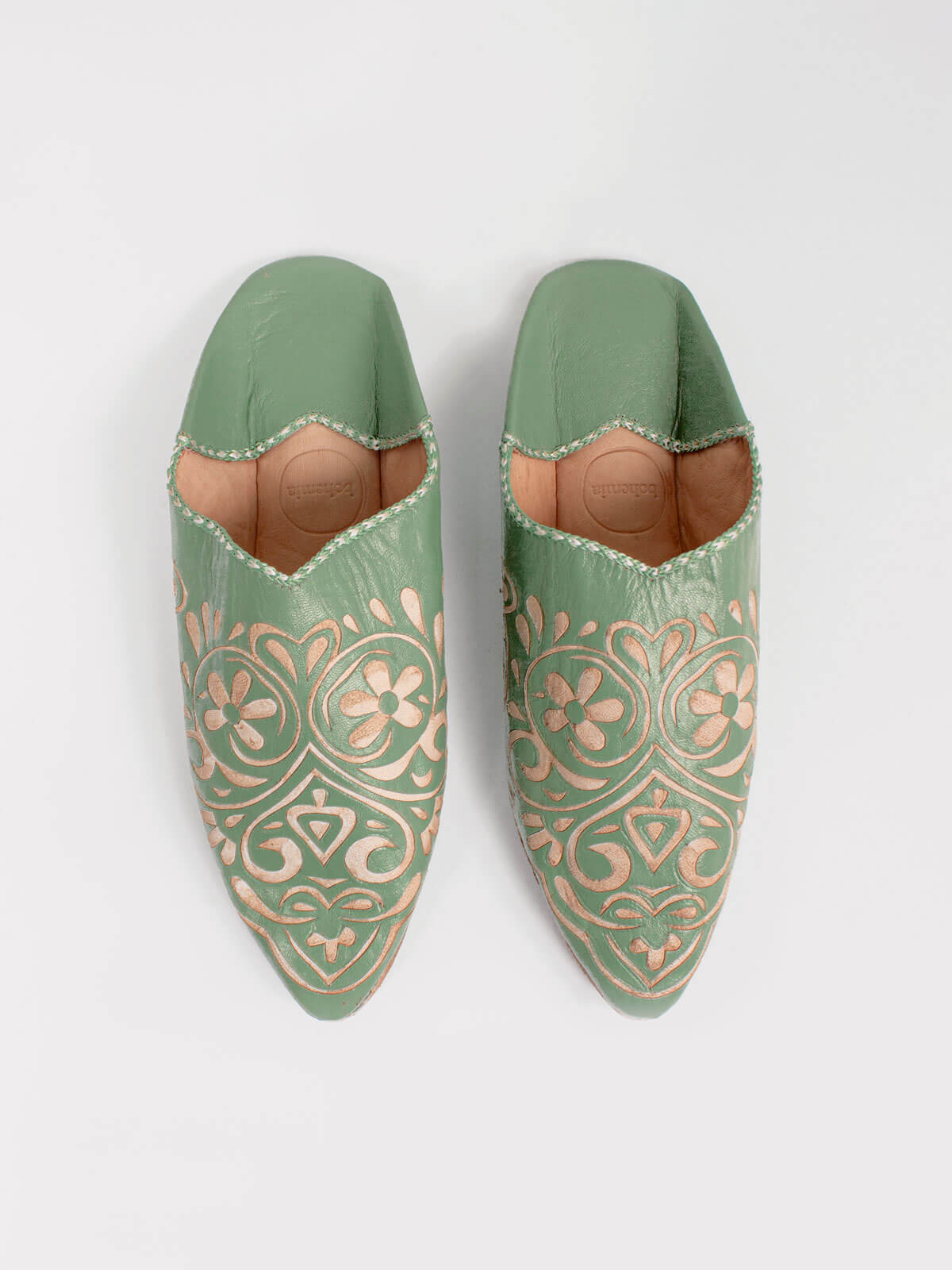 Moroccan Decorative Heart Babouche Slippers, Sage
