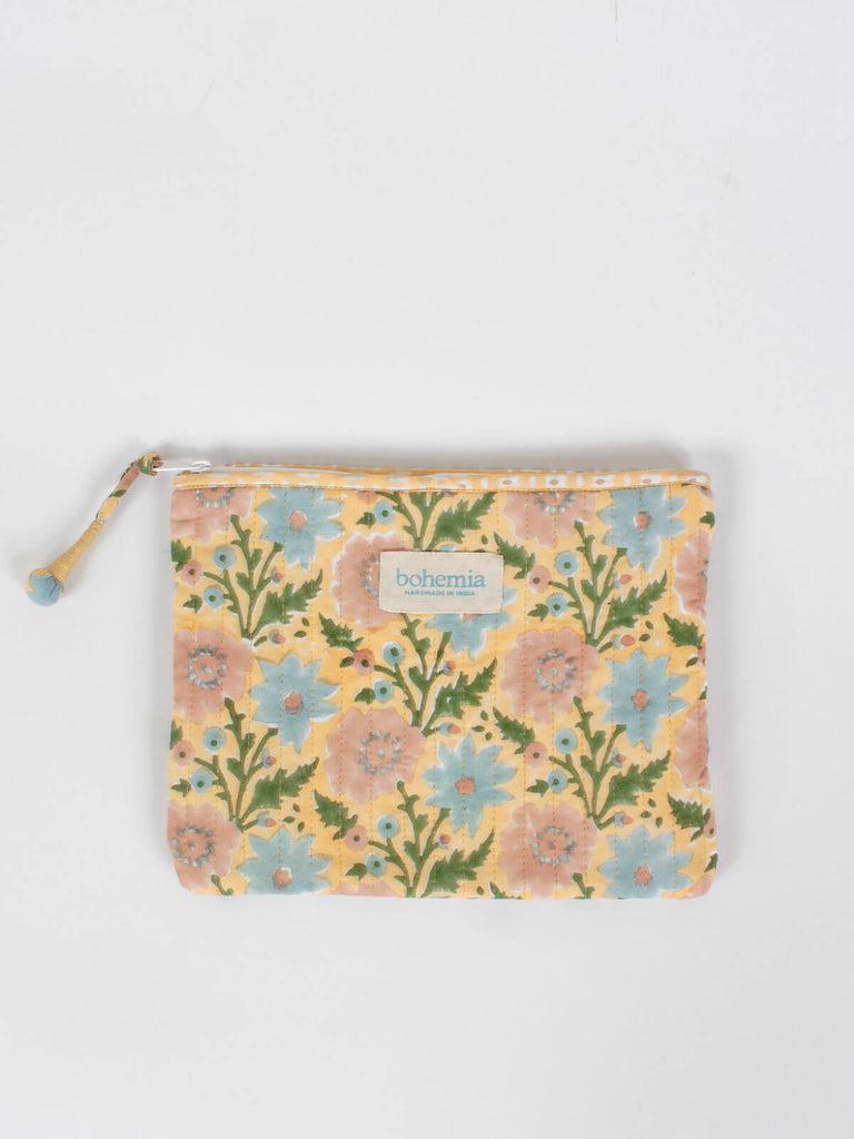 Large quilted cotton zip pouch hand block printed in Jaipur, fully lined with a creamy yellow buttermilk floral print