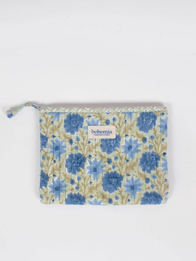 Large quilted cotton zip pouch hand block printed in Jaipur, fully lined with a soft sage green and blue floral print