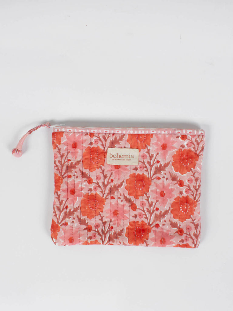 Large quilted cotton zip pouch hand block printed in Jaipur, fully lined with a vintage pink floral print