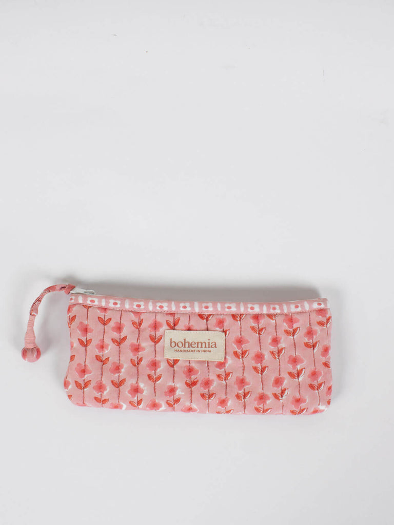 Long quilted cotton zip pouch hand block printed in Jaipur, with a vintage pink ditsy print 