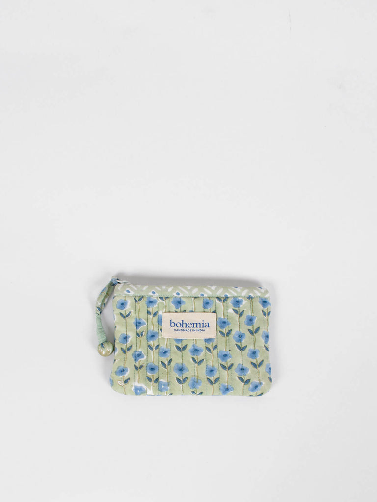 Small quilted cotton zip pouch hand block printed in Jaipur, with a sage green ditsy floral print 