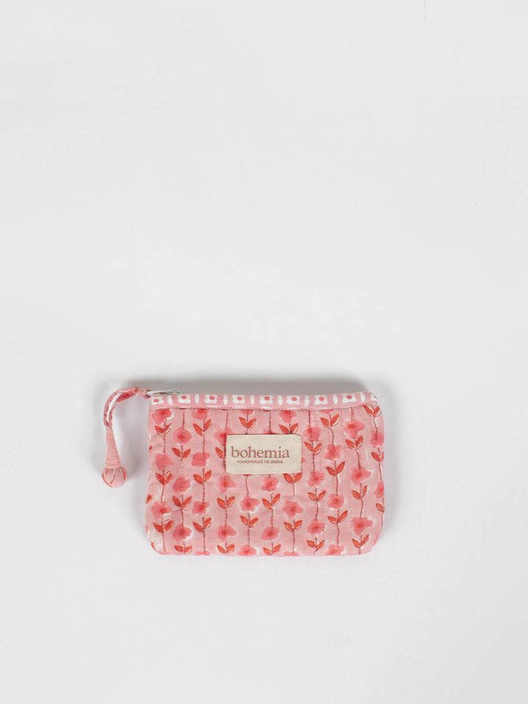 Small quilted cotton zip pouch hand block printed in Jaipur, fully lined with a vintage pink ditsy floral print 