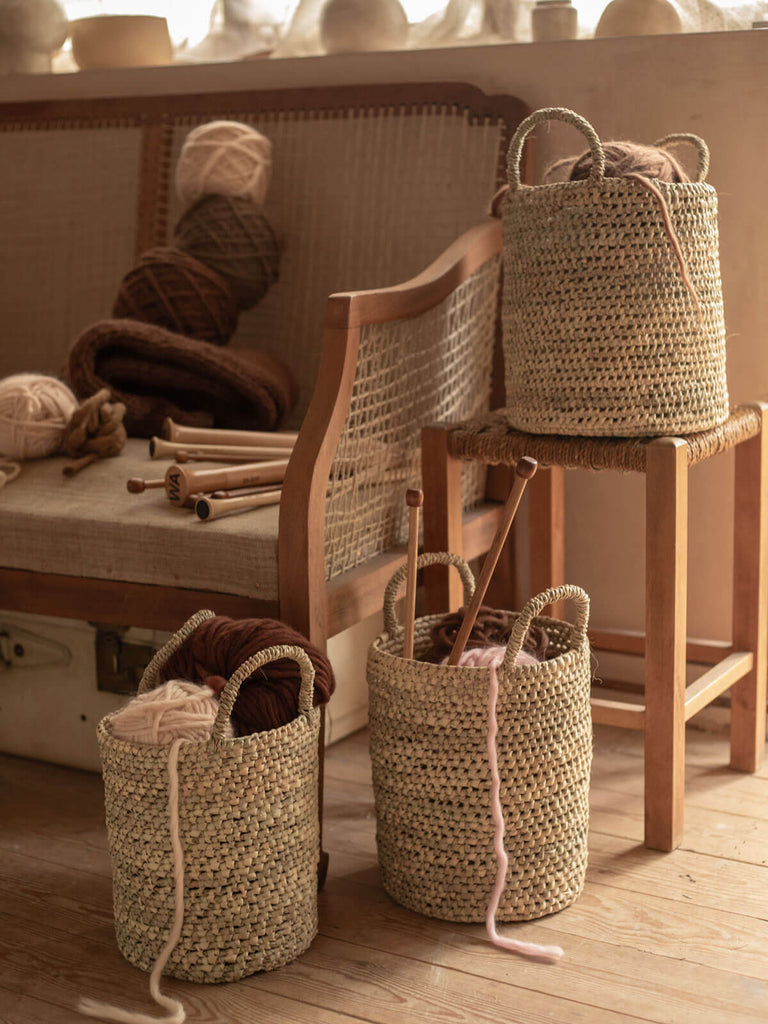 Open Weave Nesting Baskets filled with knitting needles and wool