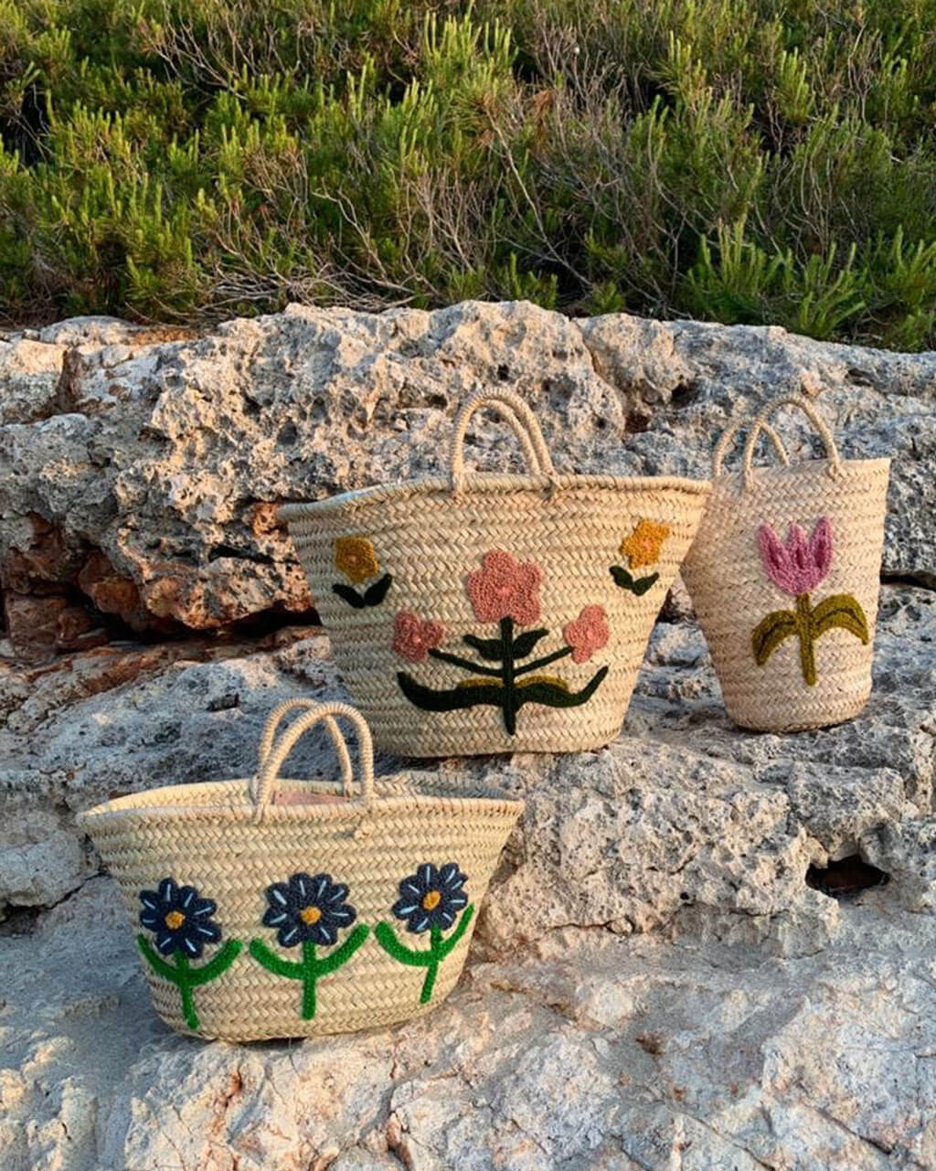 Hand embroidered floral basket bags for summer