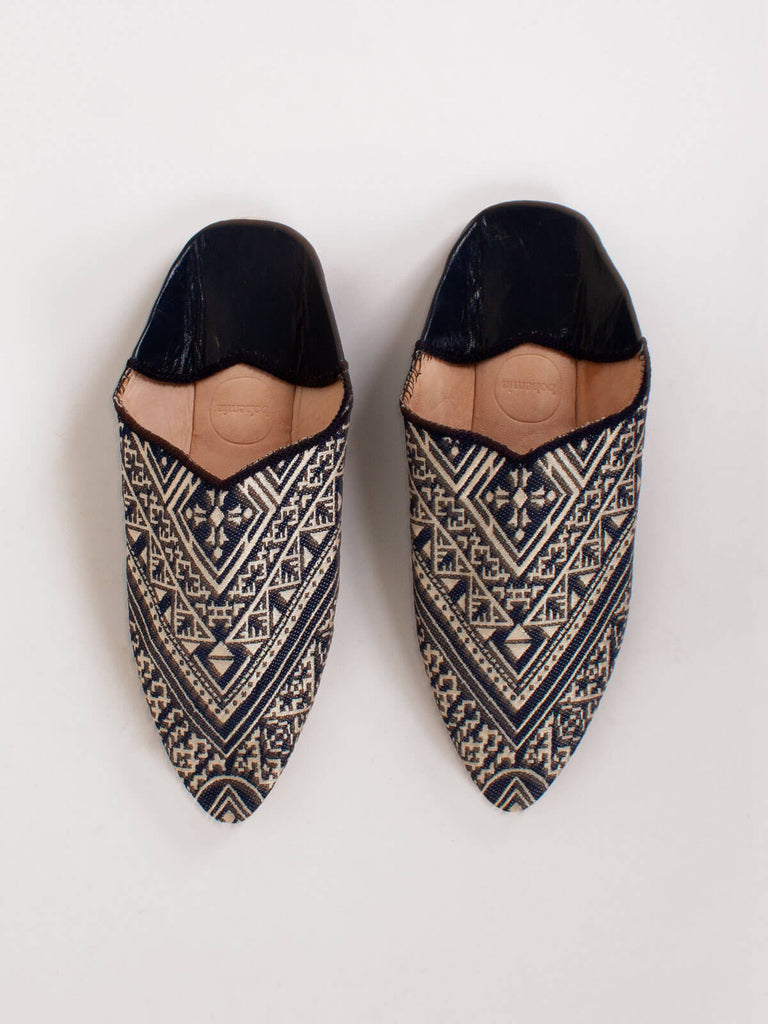 A pair of Moroccan Jacquard Pointed Babouche Slippers in Indigo