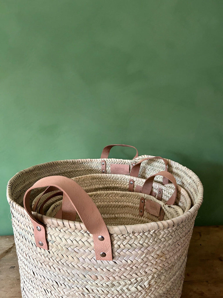 Leather handle storage baskets made from palm leaf