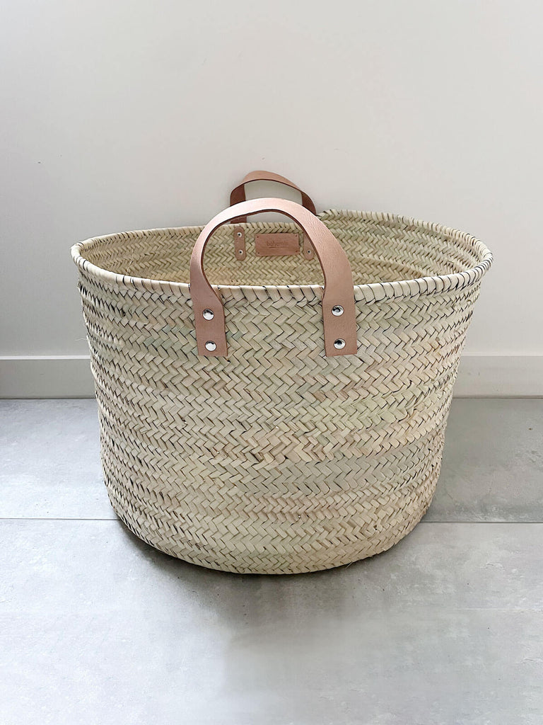 Large leather handle storage basket