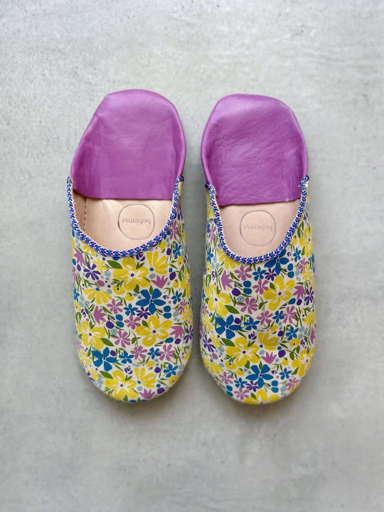 Westbourne Posy Liberty print slip on Moroccan babouche slippers in pink and yellow
