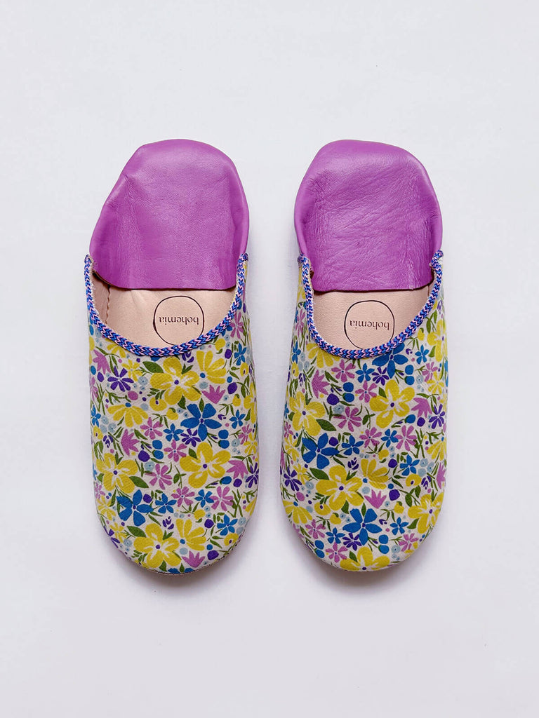 Liberty Print pink and yellow babouche slippers in Westbourne Posy floral fabric and soft leather
