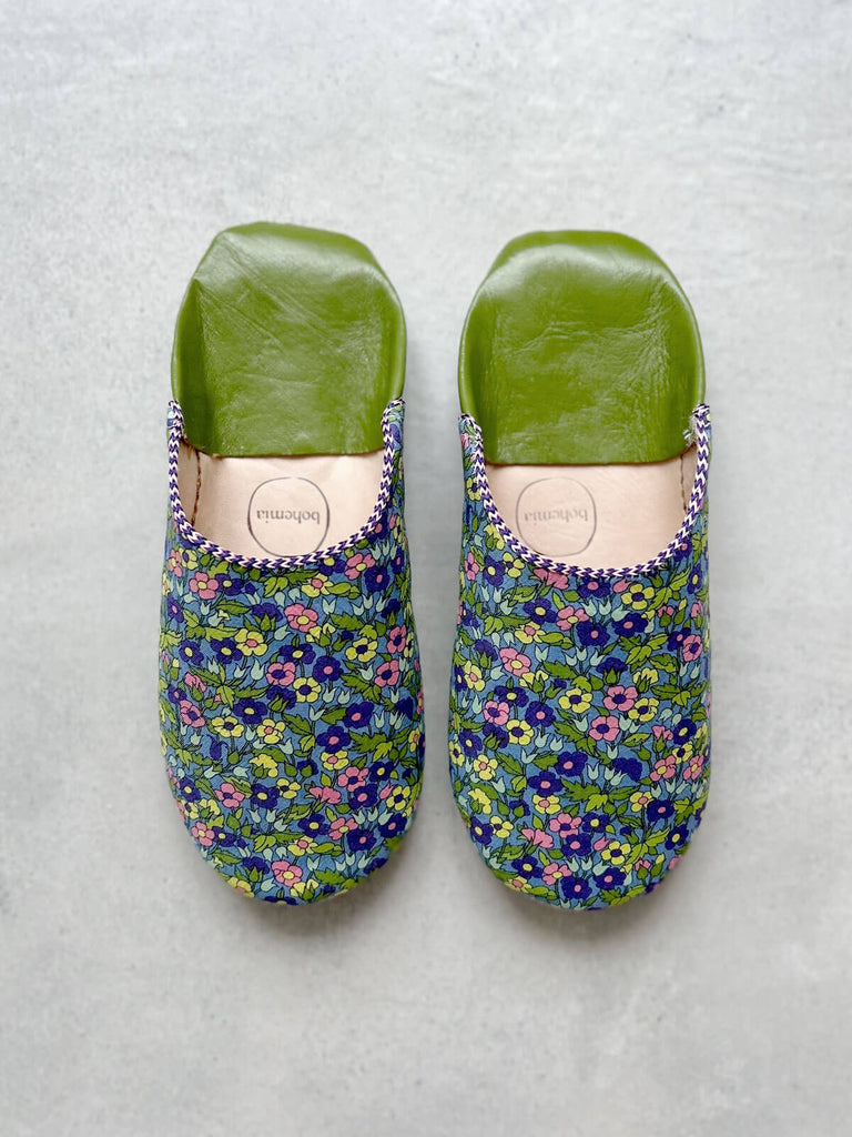 Liberty Print slip on babouche slippers in Piccadilly Poppy fabric and soft leather soles