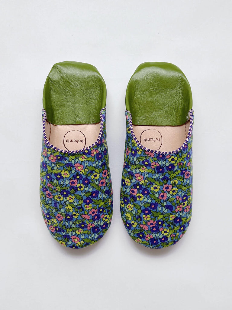 Liberty Print Babouche Slippers in floral Piccadilly Poppy design with green leather