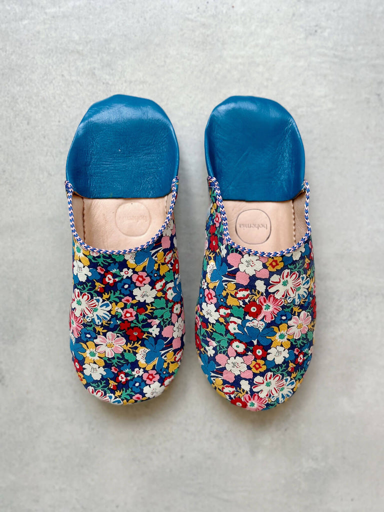 Liberty print slip on leather babouche slippers in Westbourne Posy pattern