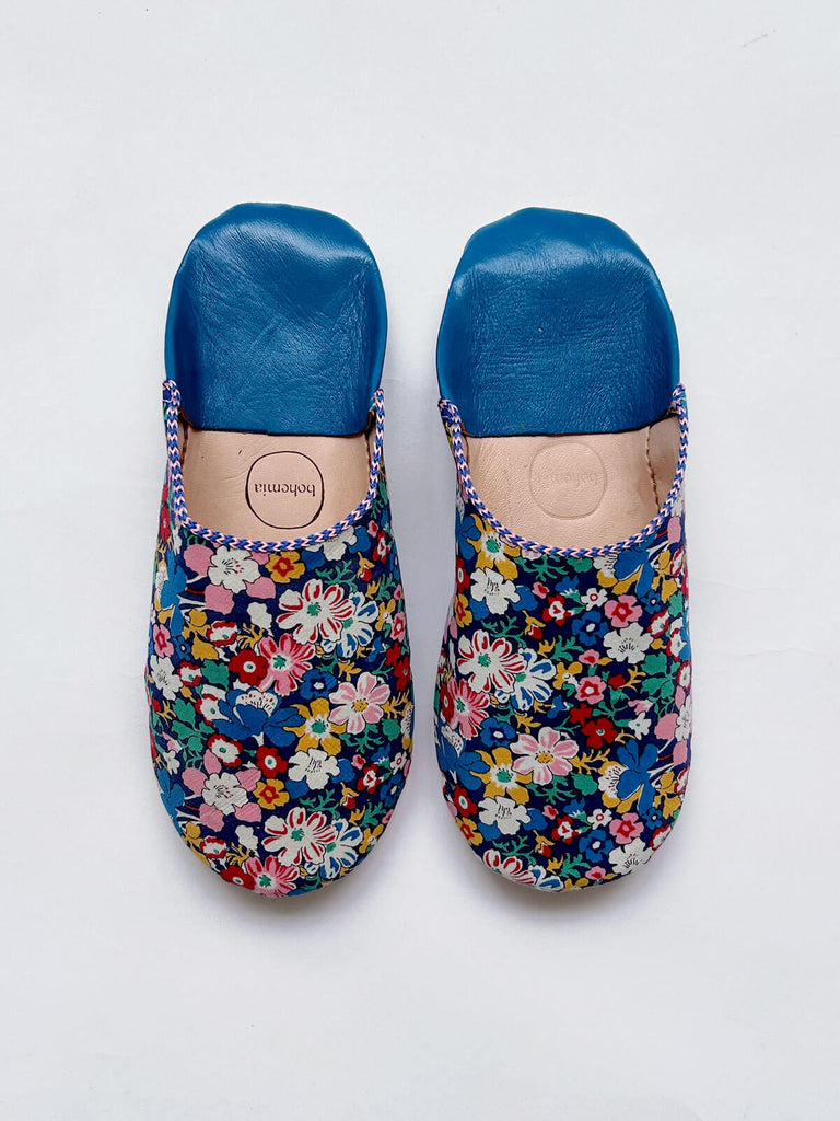 Liberty Print slip on babouche slippers in Westbourne Posy fabric and soft leather uppers and sole