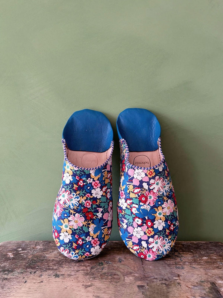 Slip on leather babouche slippers with blue and pink floral Liberty print fabric