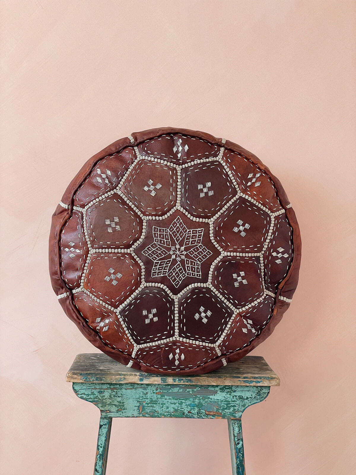 Moroccan Leather Tile Pouffe, Chestnut