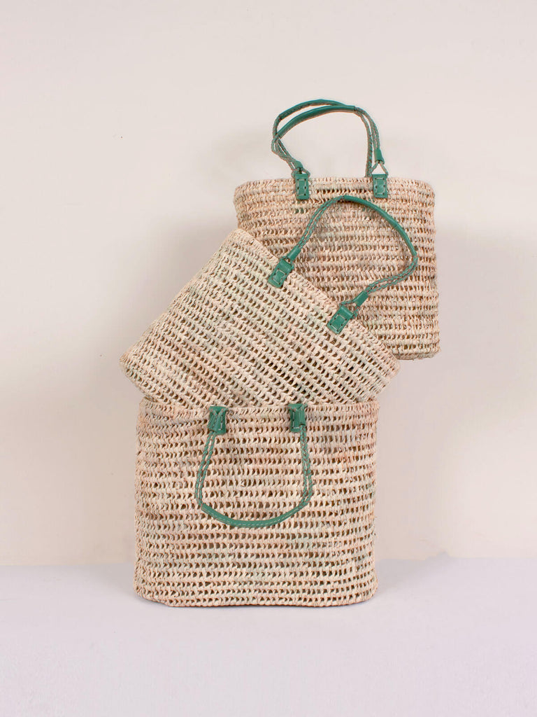 Set of 3 baskets with sage colour pleated leather handles