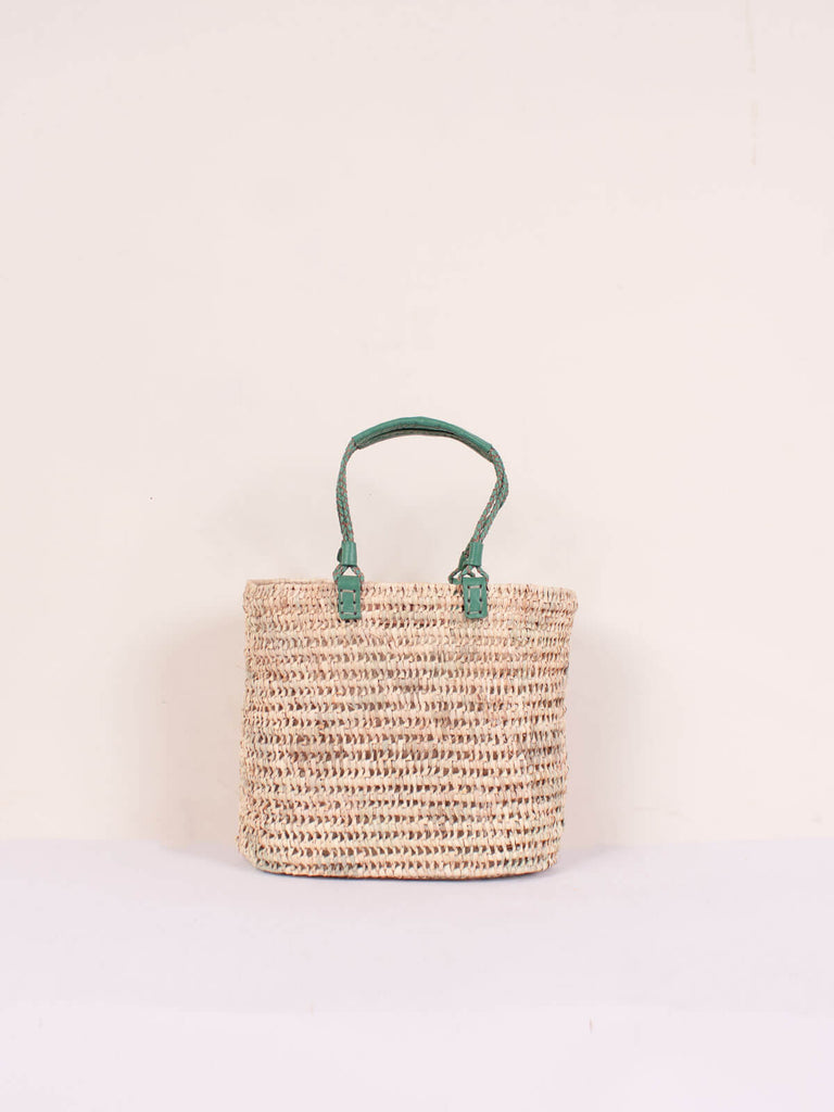 Medium open weave basket with sage coloured pleated leather handles