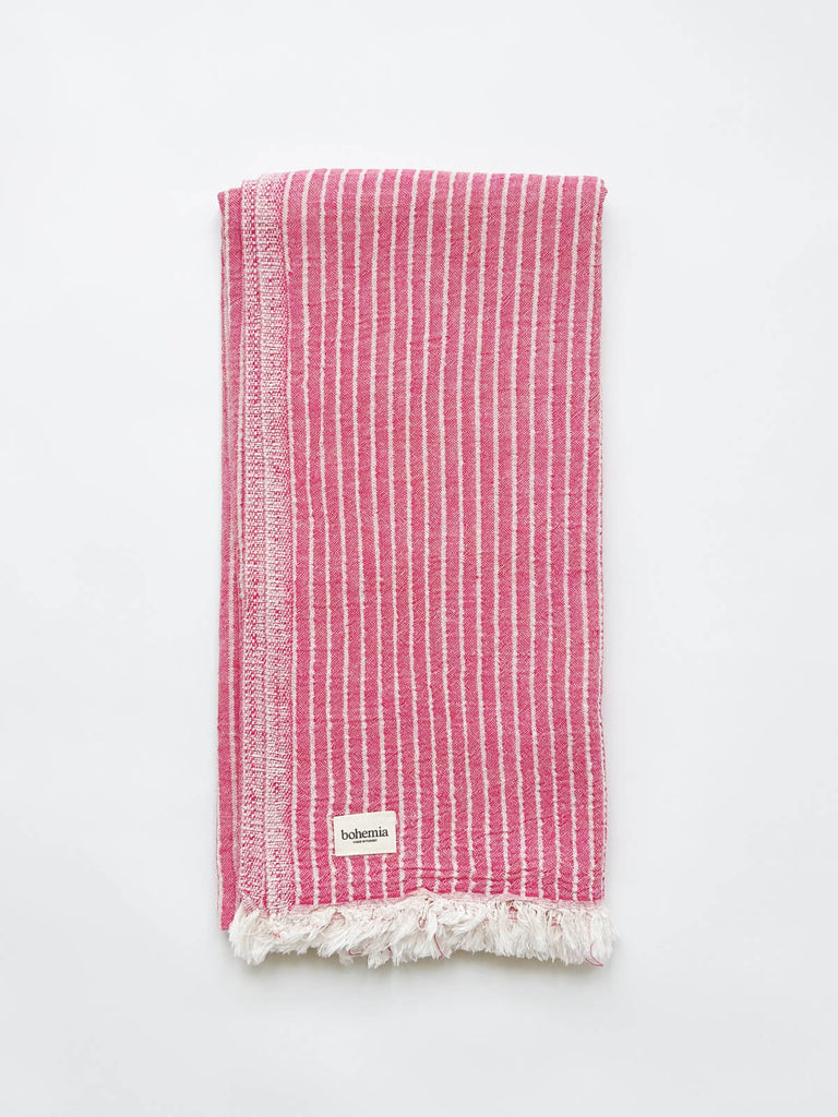 Flamingo pink Turkish cotton hammam towel with subtle woven stripes by Bohemia Design