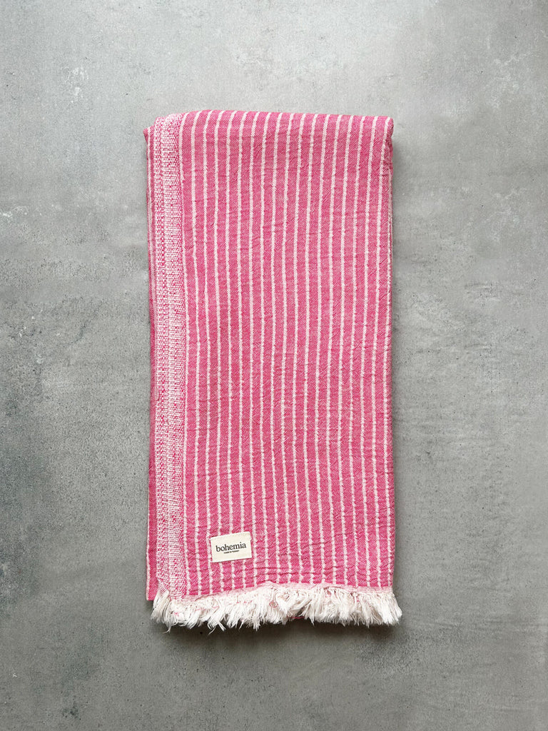 Flamingo pink and white stripe cotton hammam towel by Bohemia Design