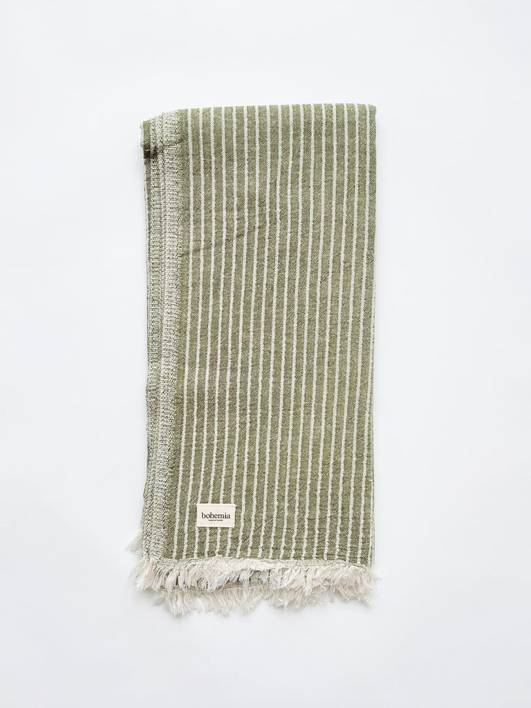 Portobello Turkish cotton hammam towel in olive green stripe