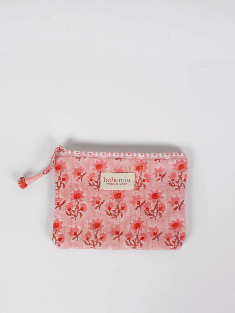 Medium quilted cotton zip pouch hand block printed in Jaipur, fully lined with a vintage pink ditsy print 