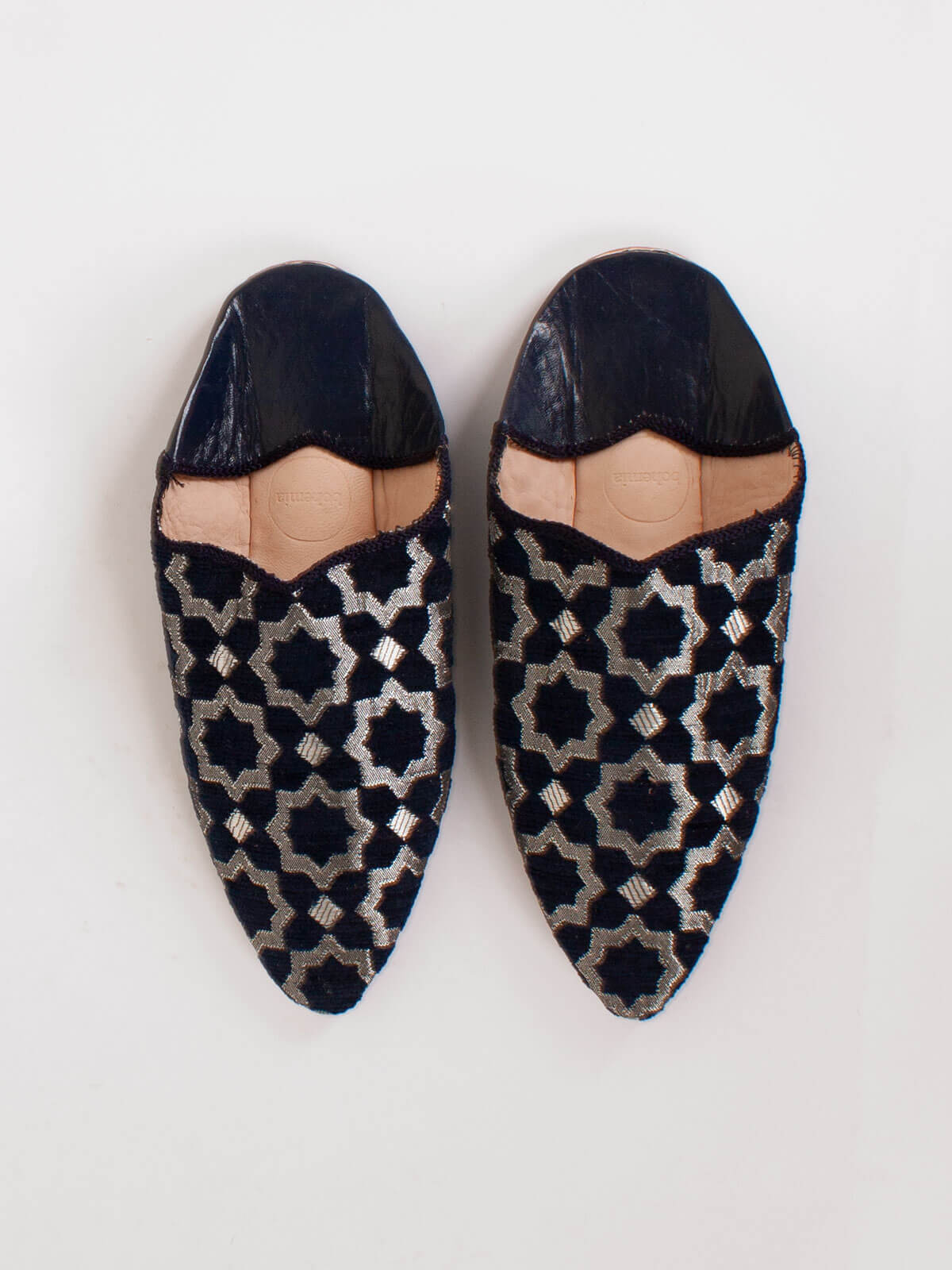 Moroccan Star Brocade Pointed Babouche Slippers, Indigo