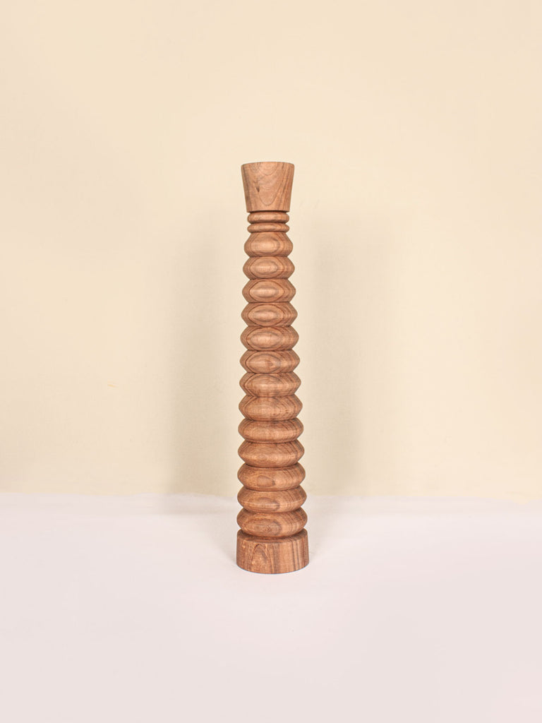 Large walnut wood candle holder with ripple shape