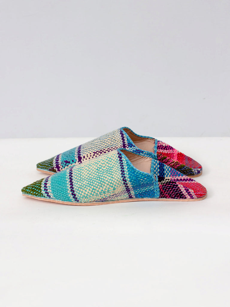Moroccan Boujad Pointed Babouche Slippers, Blue Green Stripe | Bohemia Design