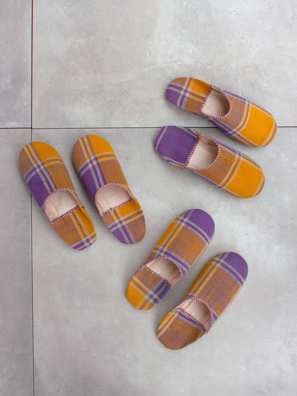Moroccan Boujad Basic Babouche Slippers, Mustard Lilac Check