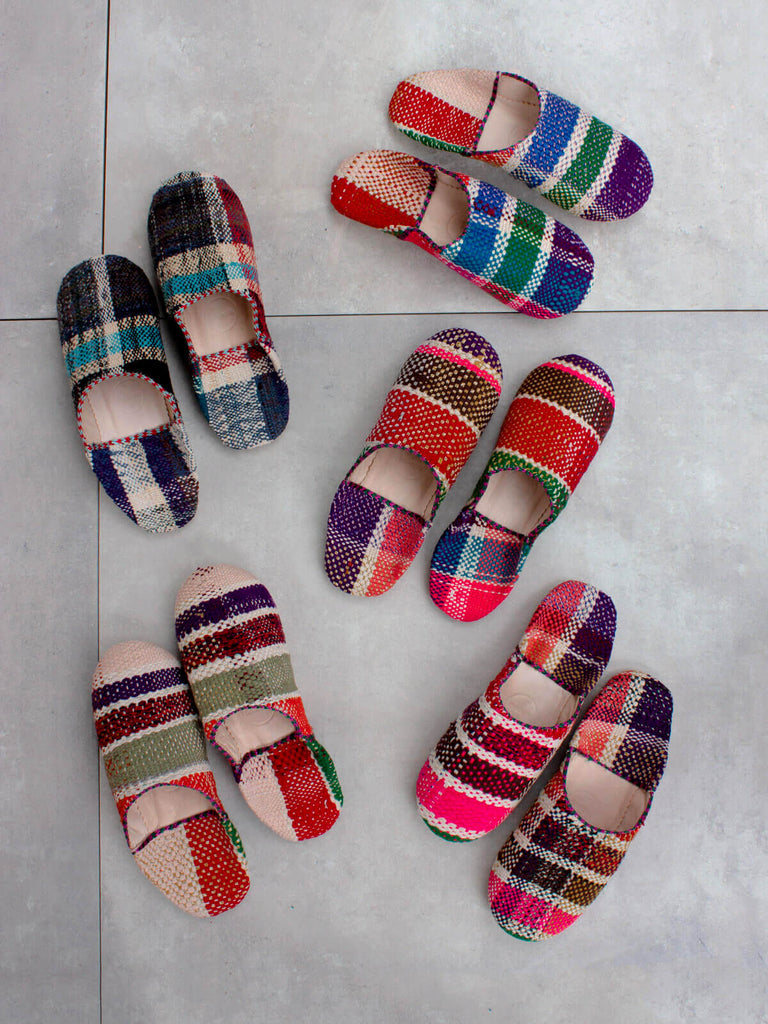 Moroccan Boujad Fabric Basic Babouche Slippers, Heather Check | Bohemia Design