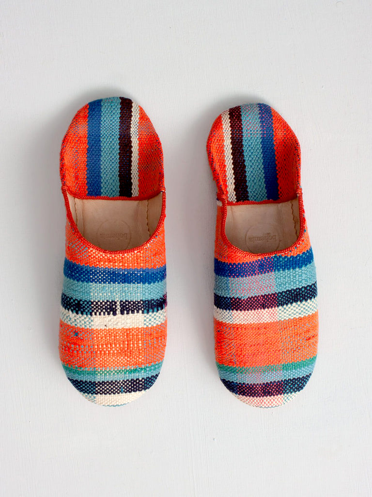 Moroccan Boujad Fabric Basic Babouche Slippers, Orange and Blue Check - Bohemia Design