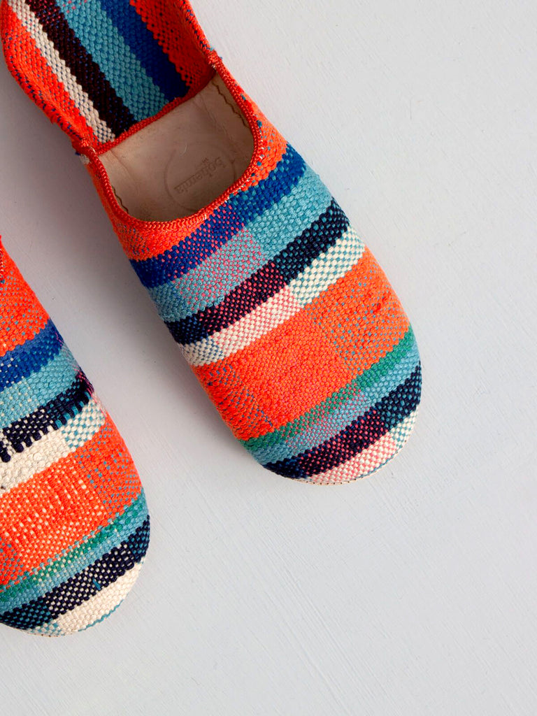 Moroccan Boujad Fabric Basic Babouche Slippers, Orange and Blue Check - Bohemia Design