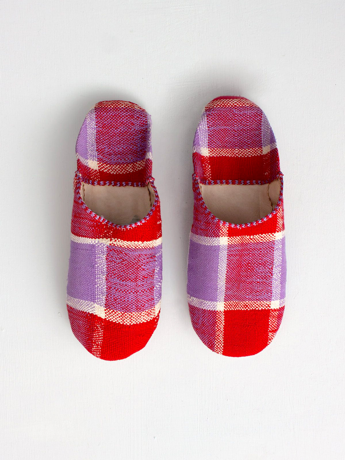 Moroccan Boujad Basic Babouche Slippers, Red and Lilac Check