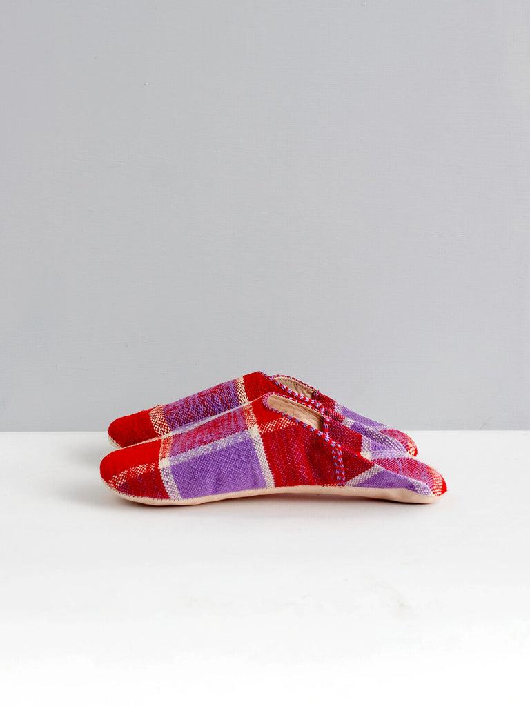 Moroccan Boujad Fabric Basic Babouche Slippers, Red and Lilac Check - Bohemia Design