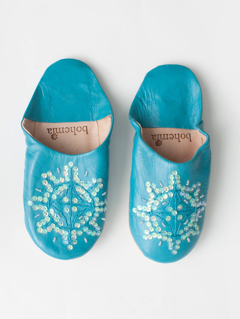 Moroccan Babouche Sequin Slippers, Aqua - Bohemia Design