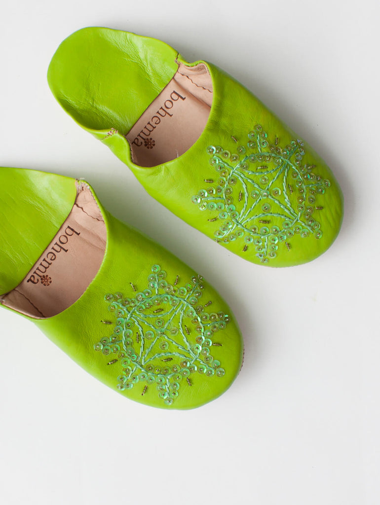 Moroccan Babouche Sequin Slippers, Lime - Bohemia Design