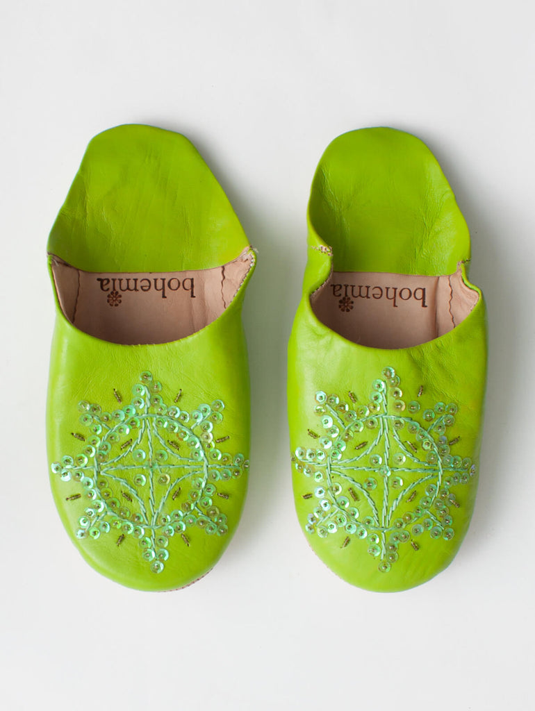 Moroccan Babouche Sequin Slippers, Lime - Bohemia Design