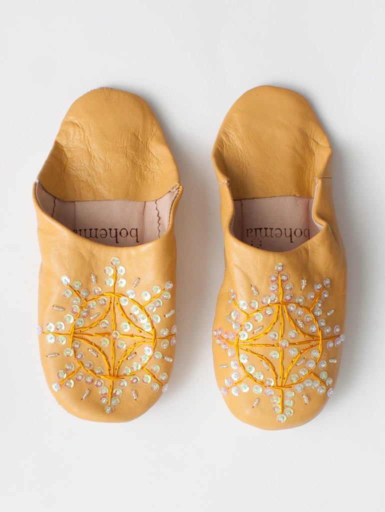 Moroccan Babouche Sequin Slippers, Mustard - Bohemia Design