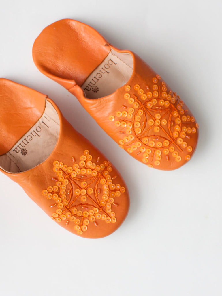 Moroccan Babouche Sequin Slippers, Orange - Bohemia Design