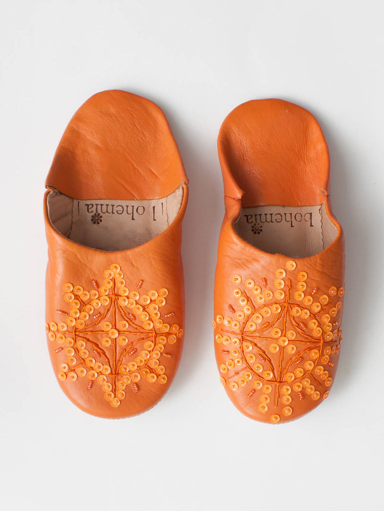 Moroccan Babouche Sequin Slippers, Orange - Bohemia Design