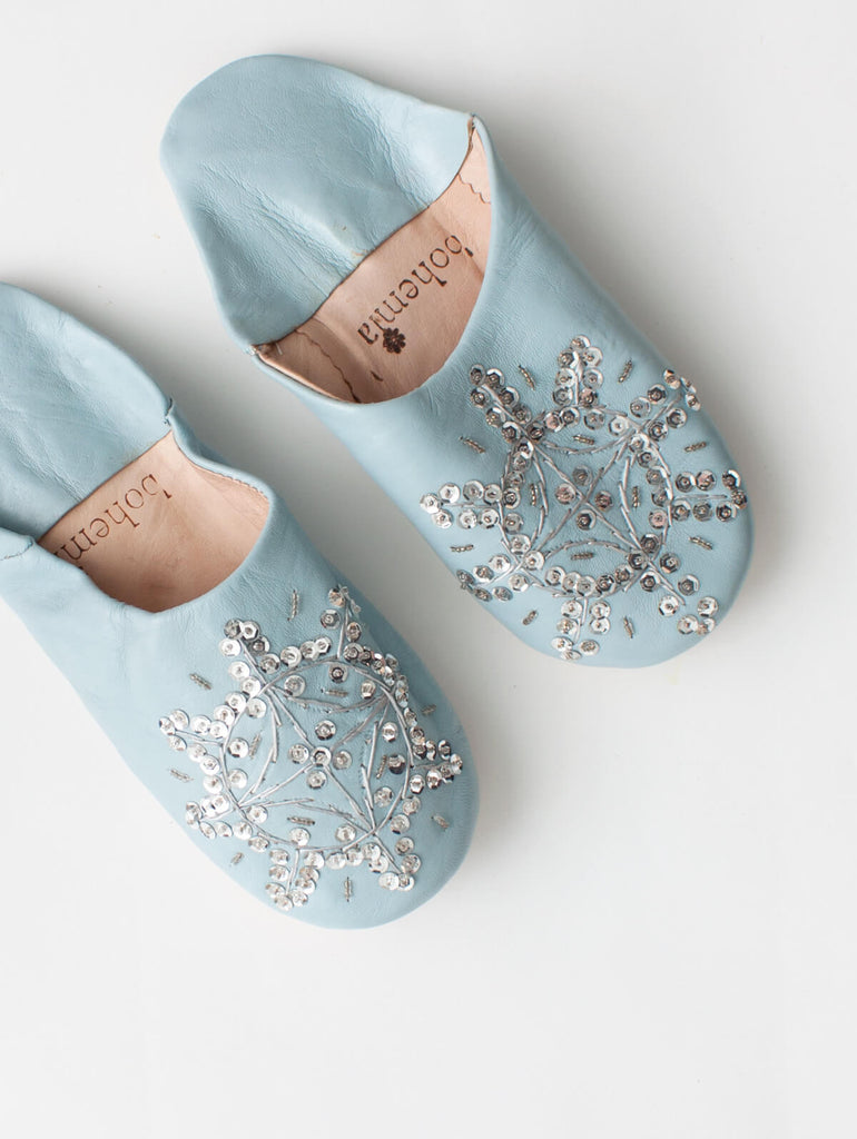 Moroccan Babouche Sequin Slippers, Pearl Grey - Bohemia Design