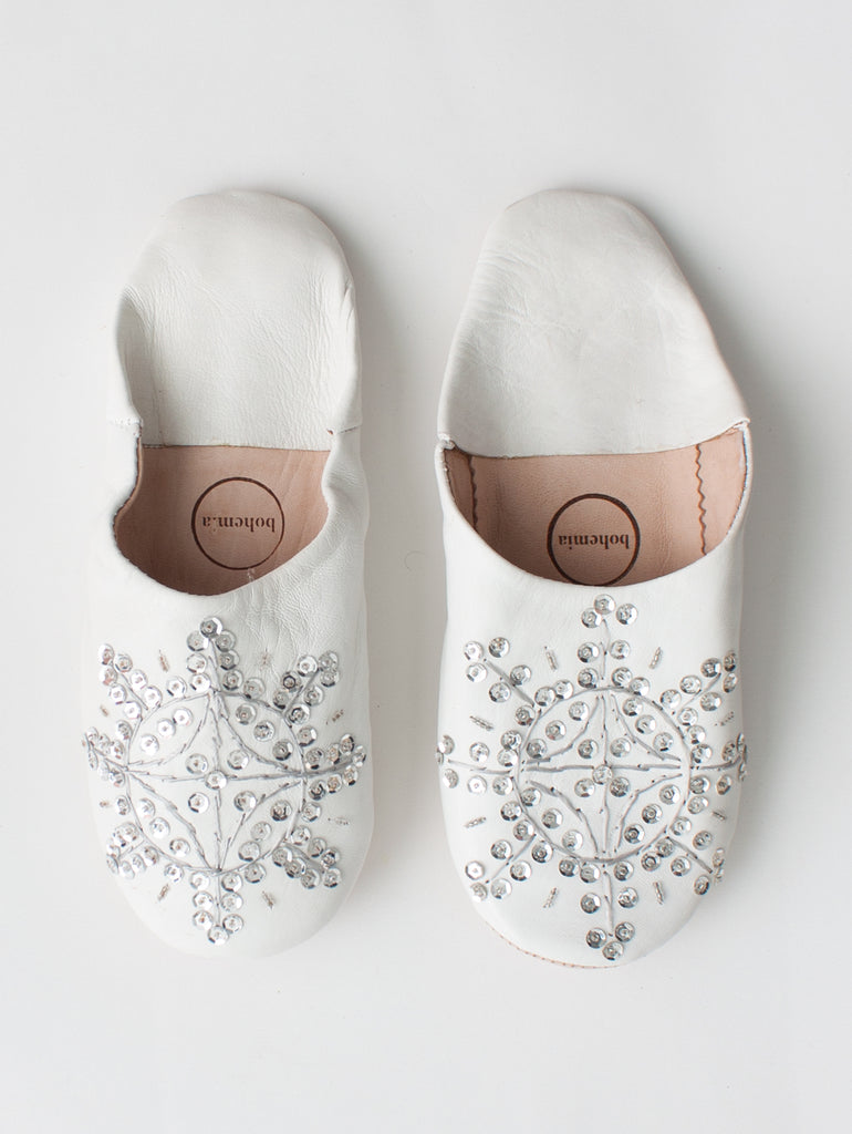 Moroccan Babouche Sequin Slippers, White and Silver - Bohemia Design