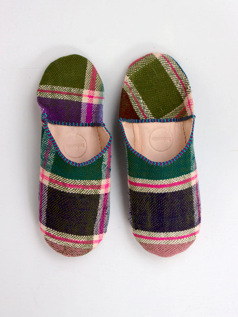 A pair of limited edition Moroccan Boujad Fabric Basic Babouche Slippers, Lilac Check by Bohemia Design